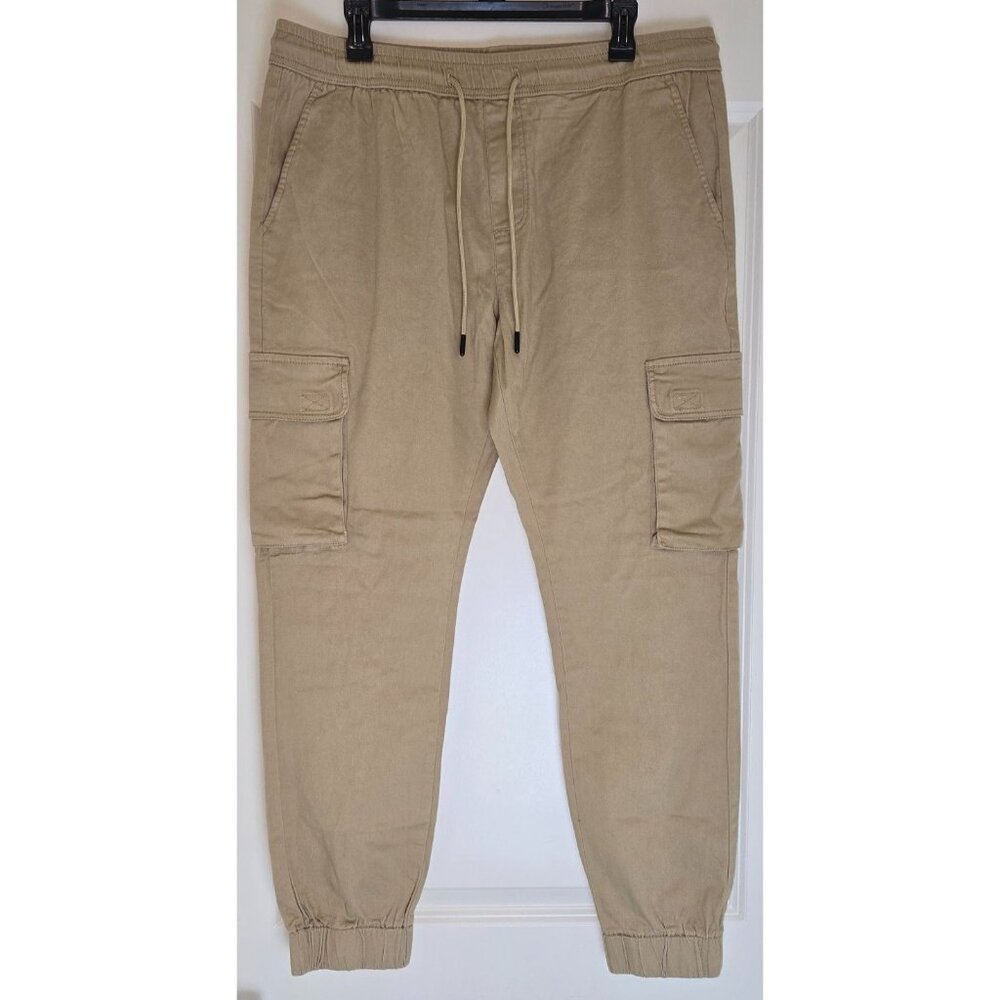 Mens Beige Cargo Jogger Pants With Elastic Waist & Cuffs Size L